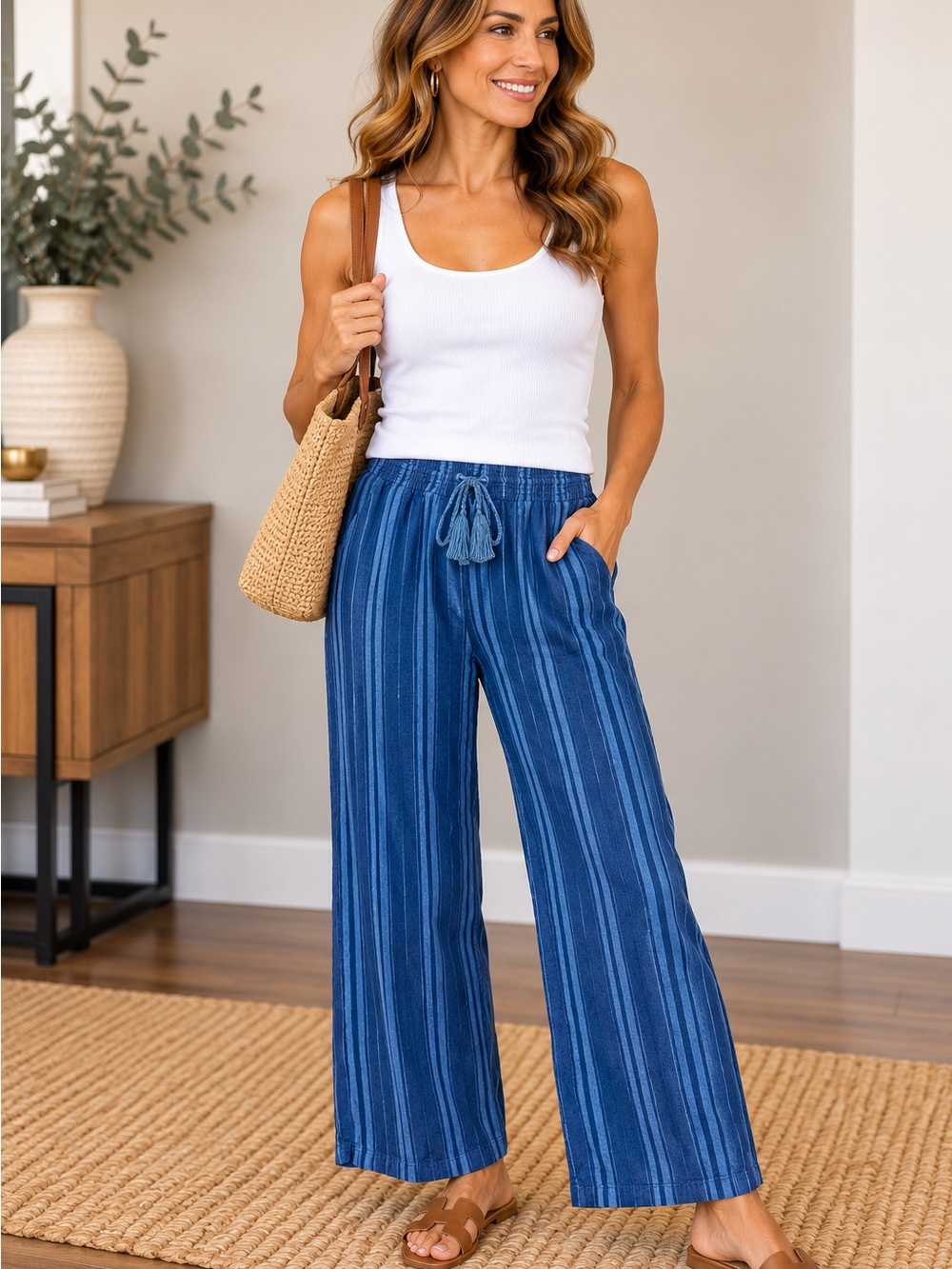 CJ Banks Blue Striped Wide-Leg Pull-On Pants